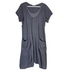 100% Linen Lagenlook Dress Gray Pockets Midi Made In Italy